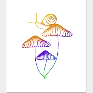 Rainbow Snail Sitting on Mushrooms Posters and Art